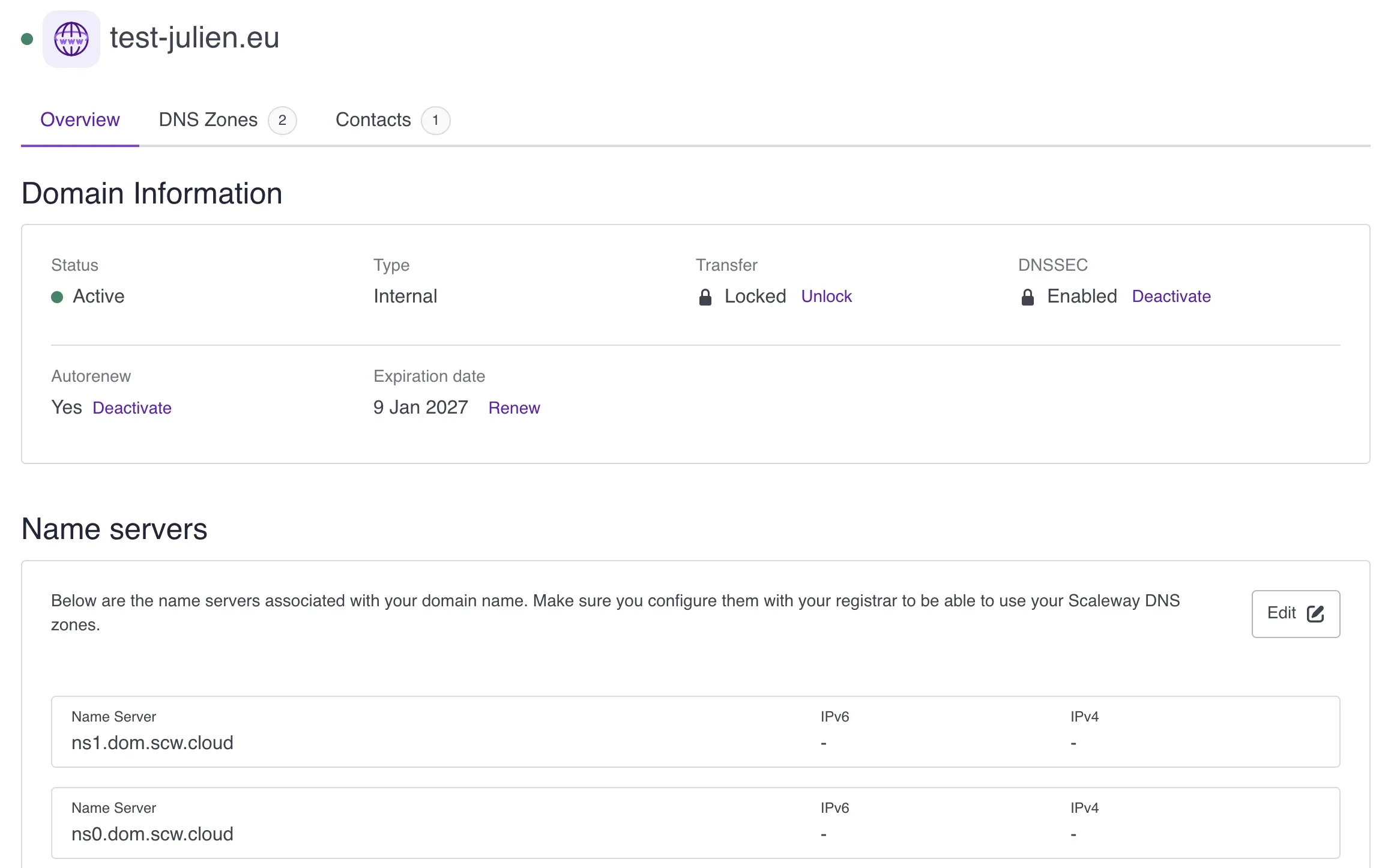 Screenshot of Scaleway Domain Names